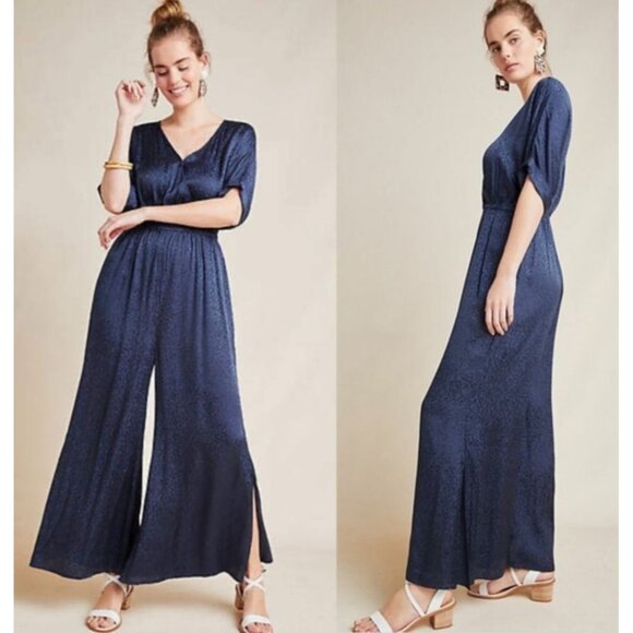 Maeve Anthropologie Blue Jacqueline Jacquard Jumpsuit size Large Tiny Flaw - Picture 1 of 9